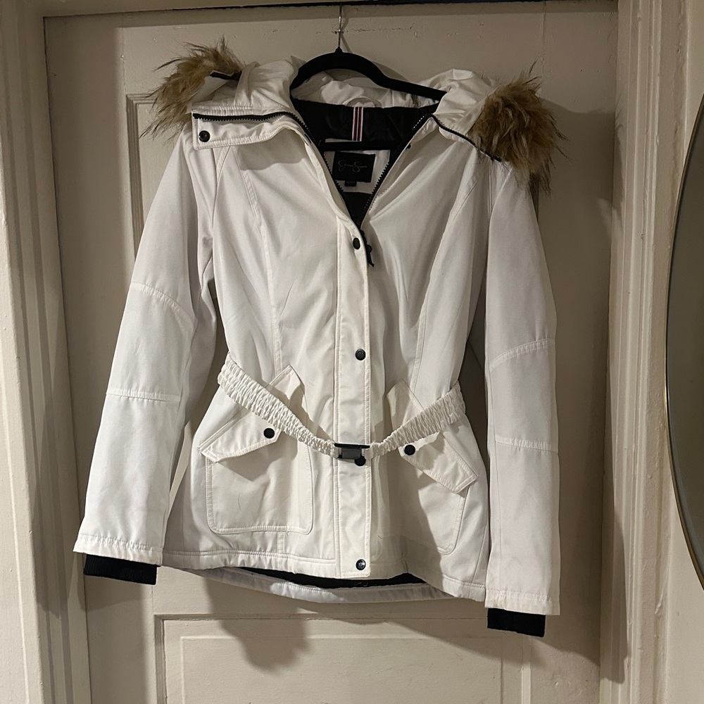 Jessica Simpson Women's White Winter Jacket with Faux Fur Hood